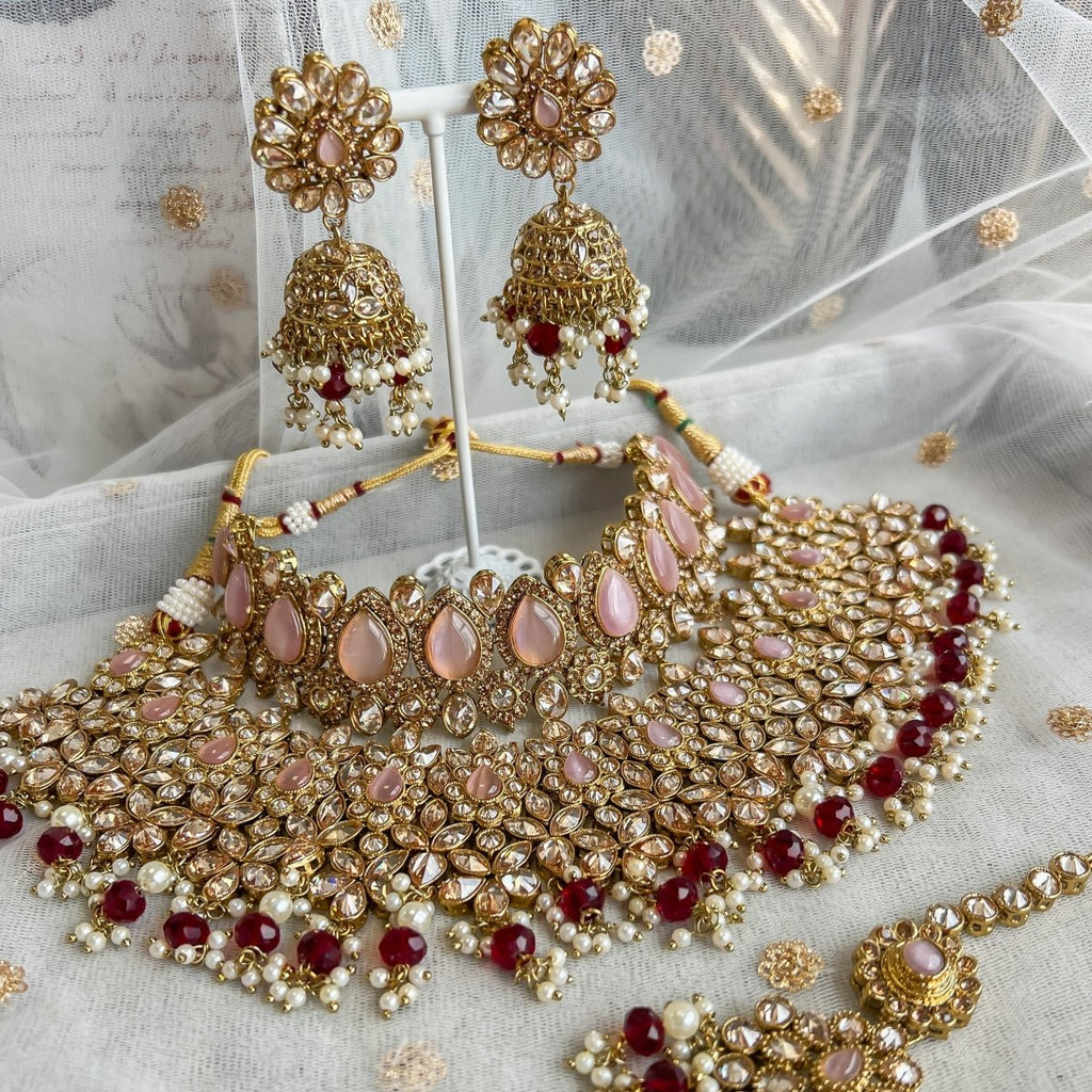 Aafiya Bridal Double necklace set Silver - Pink – SOKORA JEWELS