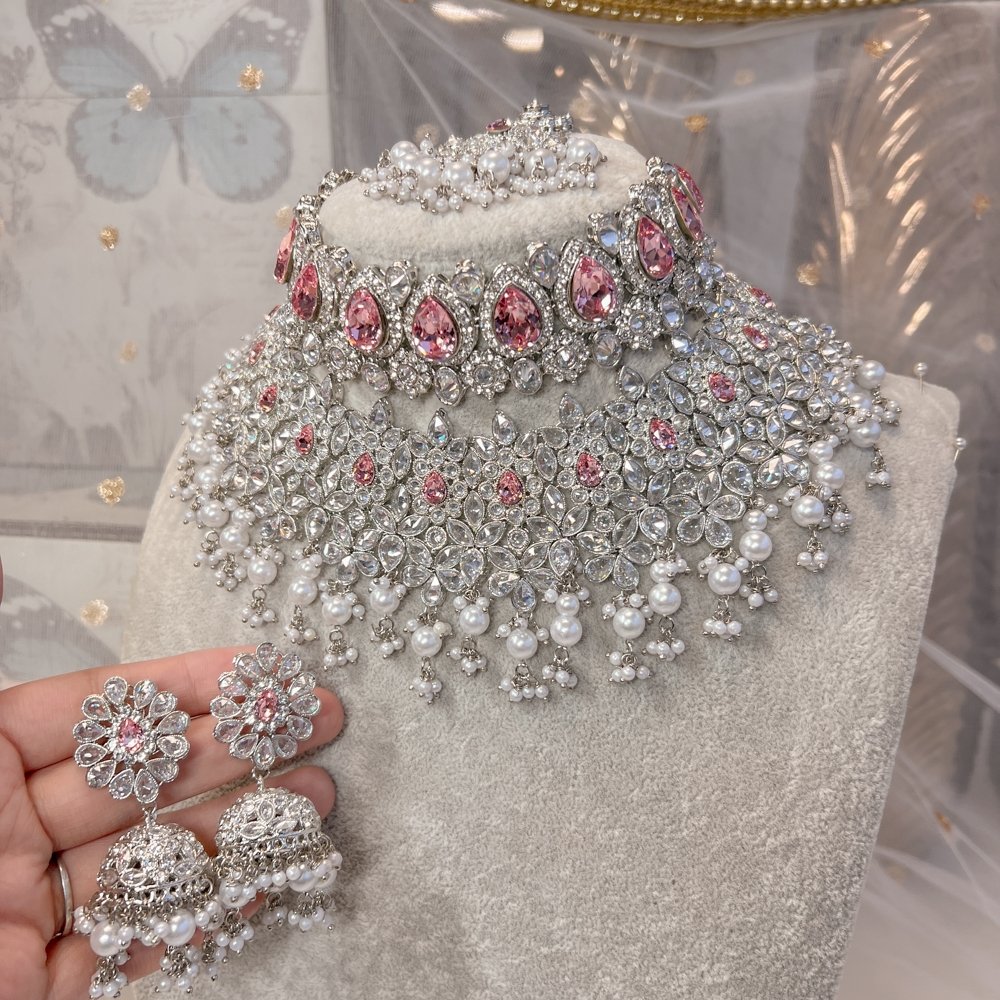 Pink American Diamond Necklace Set, Size: Free
