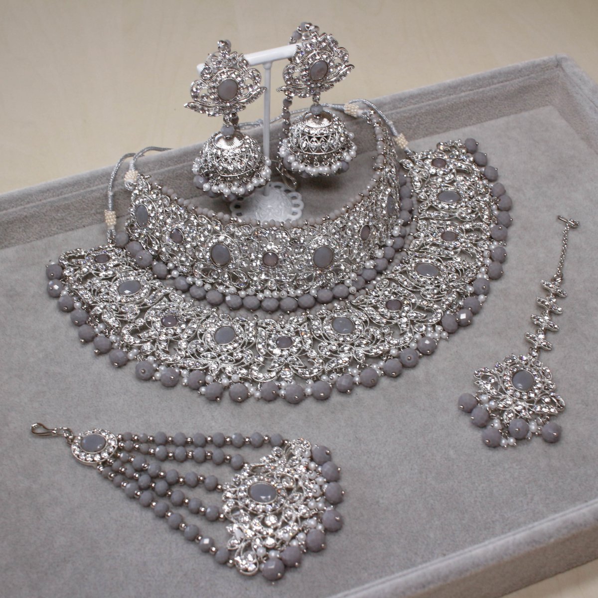 Julia Bridal Double necklace set - Silver/Grey - SOKORA JEWELSJulia Bridal Double necklace set - Silver/Grey