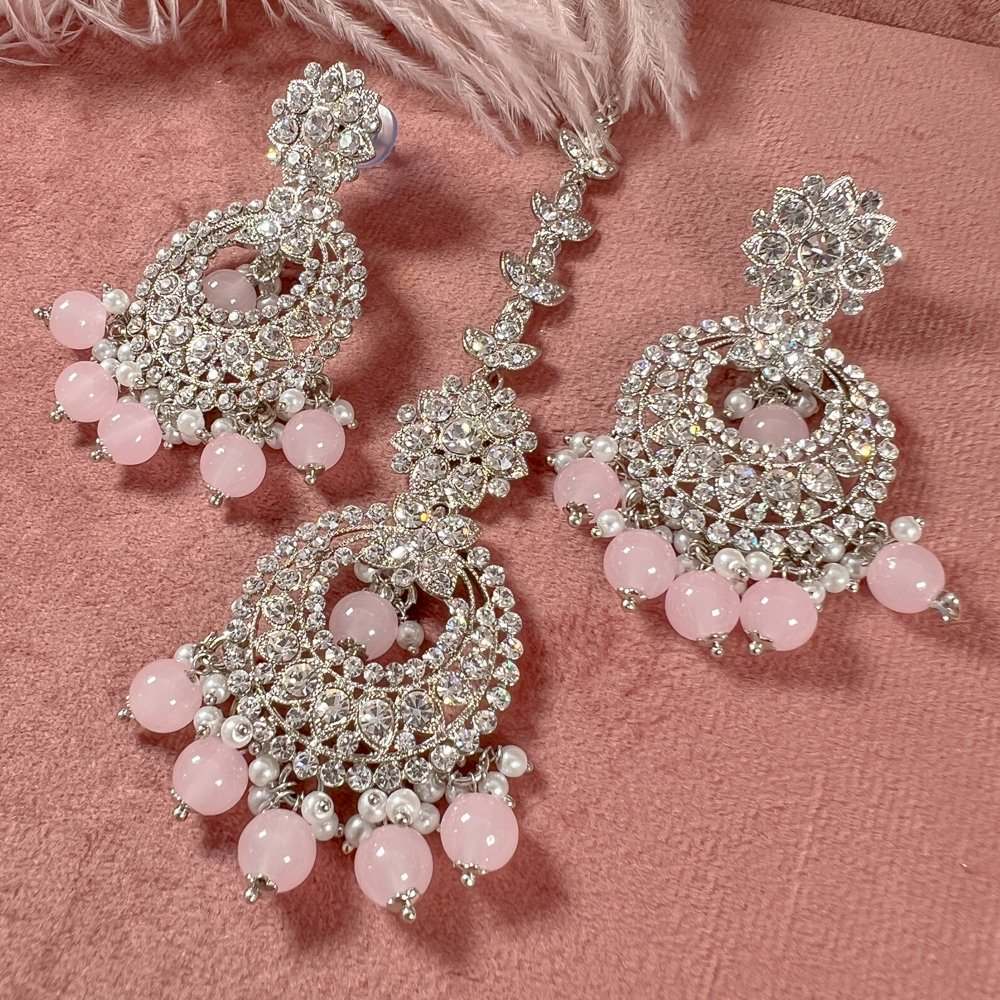 Meera Silver Earrings and Tikka set - Light Pink