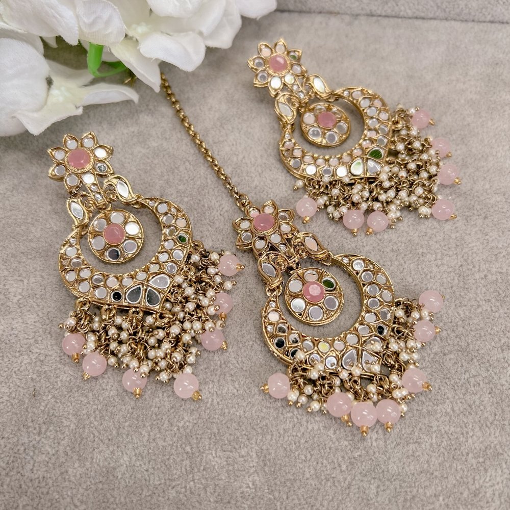 Mirrored Earrings and Tikka set - Pink - SOKORA JEWELSMirrored Earrings and Tikka set - Pink