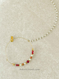 Large Red & Pearl Beaded Bridal Nose Ring (Nath) with Chain