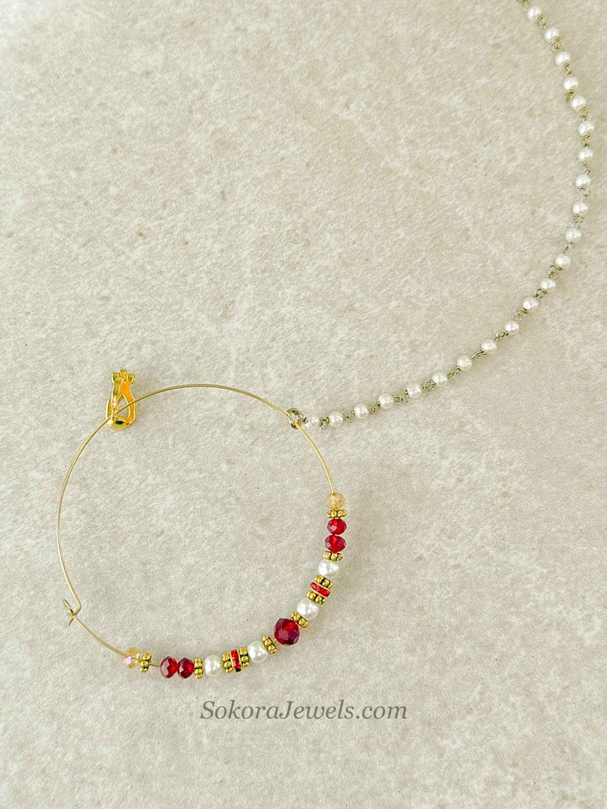 Large Red & Pearl Beaded Bridal Nose Ring (Nath) with Chain