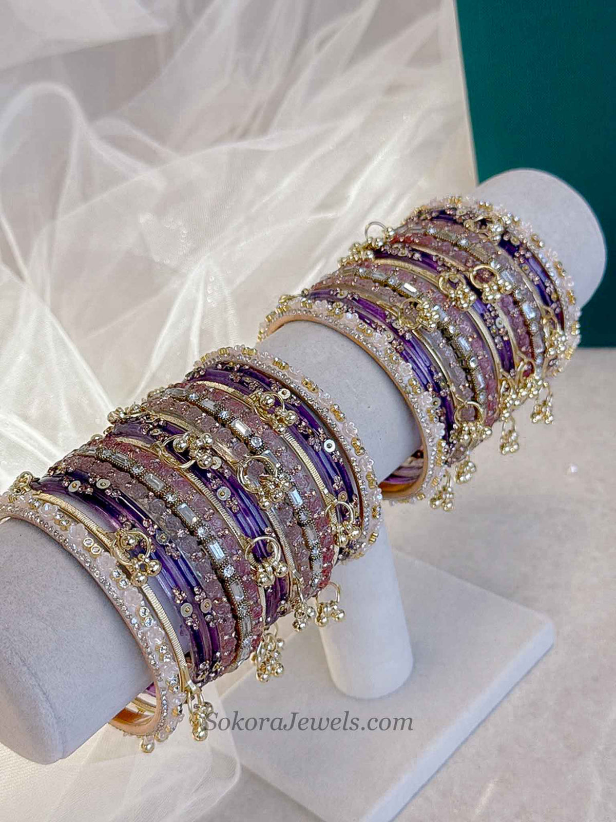 Bridal Pink & Purple Glass Bangles Set - 2.6