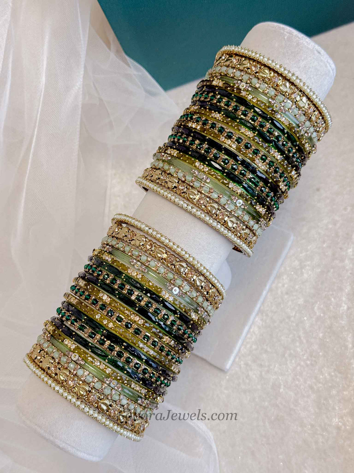 Bridal Green Glass Bangles Set - 2.8
