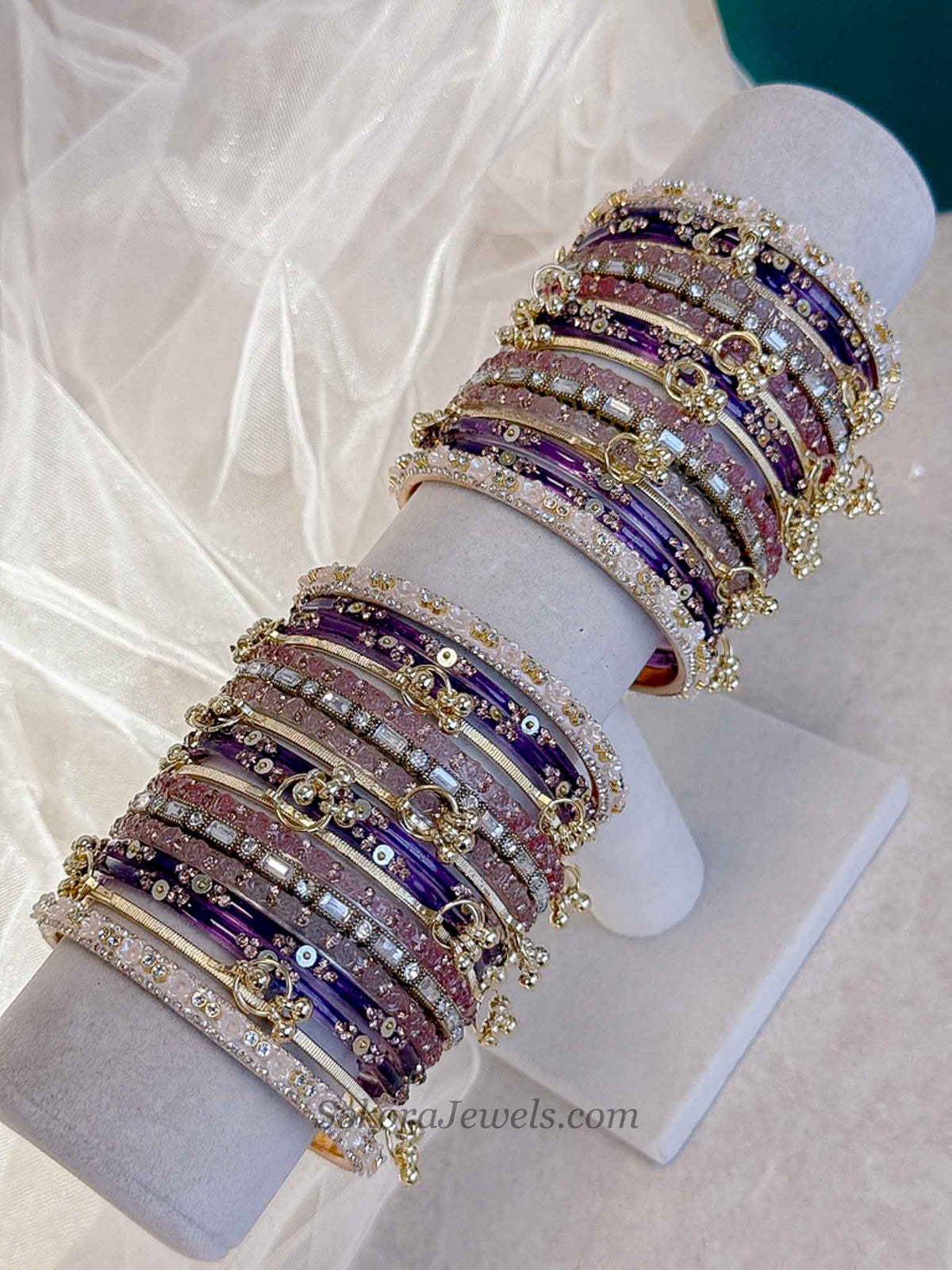 Bridal Pink & Purple Glass Bangles Set - 2.6