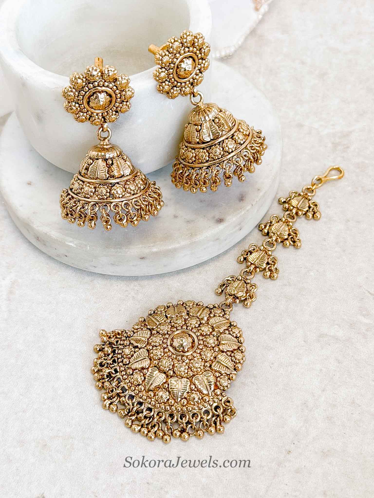 Heritage Gold Jhumka Earrings & Statement Tikka Set