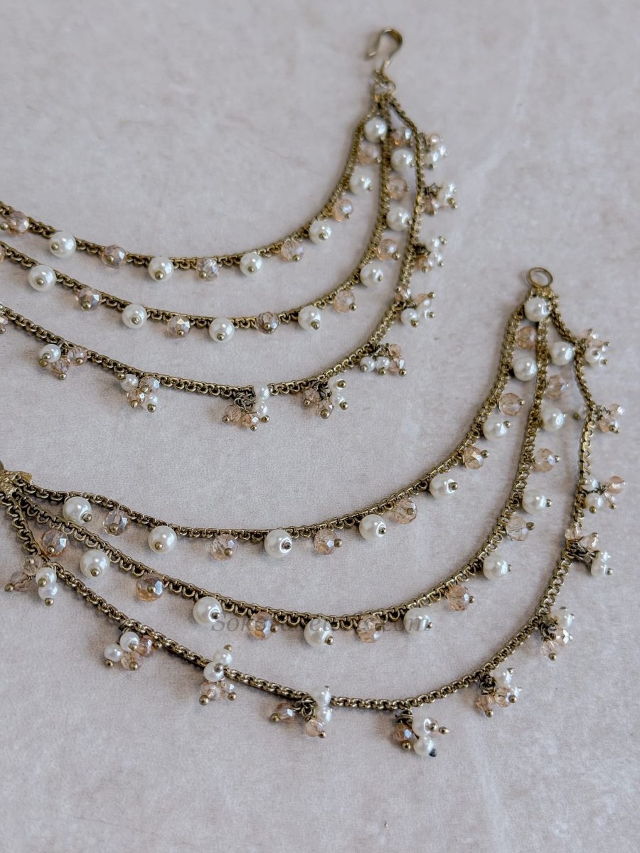 3 Line Clustered Pearl & Golden Bead Drop Earring Chains - SOKORA JEWELS3 Line Clustered Pearl & Golden Bead Drop Earring ChainsEARRINGS