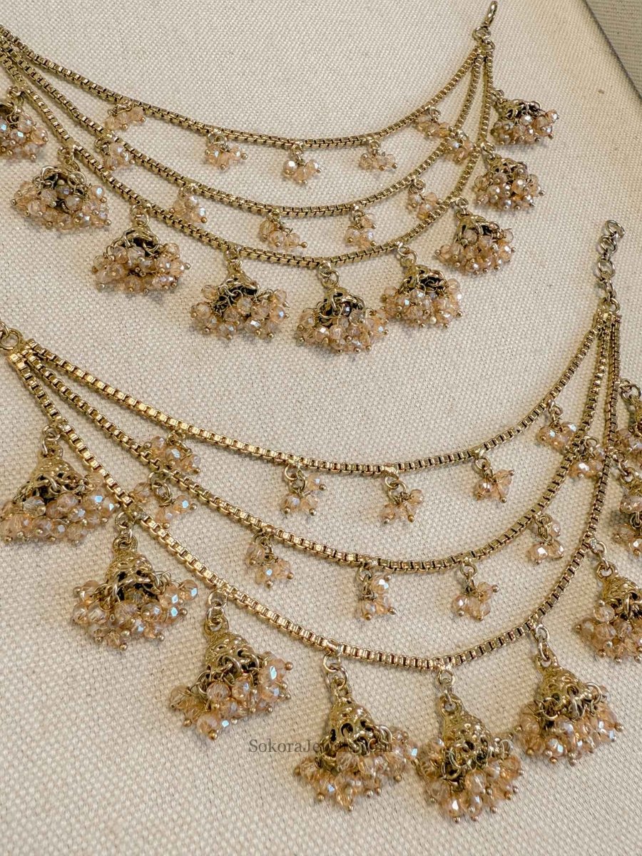 3 Line Golden Crystal & Jhumka Earring chains - SOKORA JEWELS3 Line Golden Crystal & Jhumka Earring chainsEARRINGS