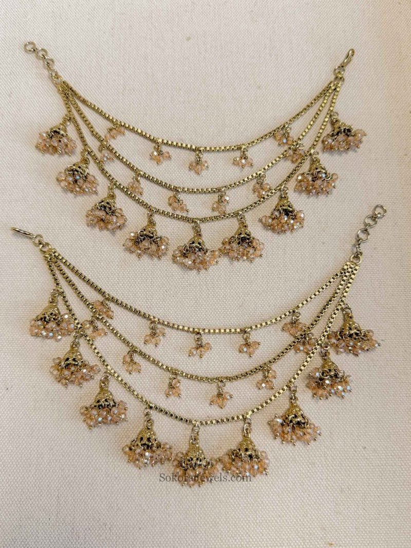 3 Line Golden Crystal & Jhumka Earring chains - SOKORA JEWELS3 Line Golden Crystal & Jhumka Earring chainsEARRINGS