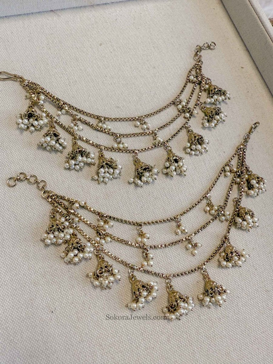 3 Line Pearl & Jhumka Earring chains - SOKORA JEWELS3 Line Pearl & Jhumka Earring chainsEARRINGS