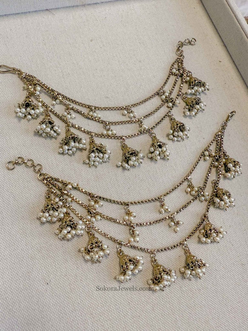 3 Line Pearl & Jhumka Earring chains - SOKORA JEWELS3 Line Pearl & Jhumka Earring chainsEARRINGS