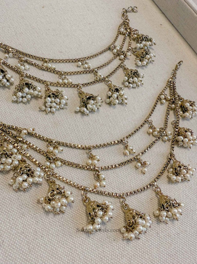 3 Line Pearl & Jhumka Earring chains - SOKORA JEWELS3 Line Pearl & Jhumka Earring chainsEARRINGS