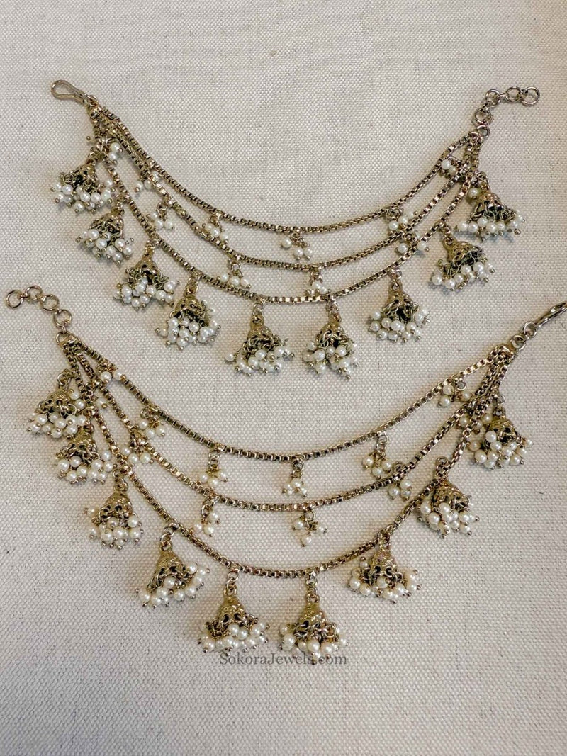 3 Line Pearl & Jhumka Earring chains - SOKORA JEWELS3 Line Pearl & Jhumka Earring chainsEARRINGS