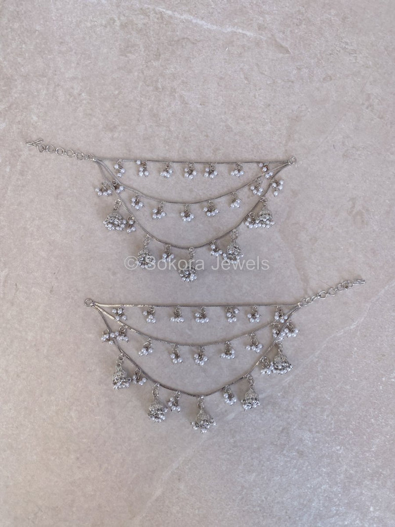 3 Line Silver Jhumka Earring chains - SOKORA JEWELS3 Line Silver Jhumka Earring chainsEARRINGS