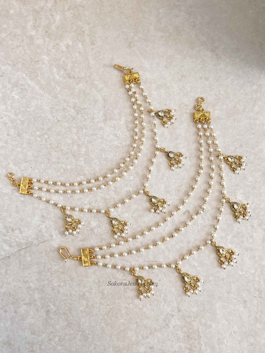 3 Strand Pearl & Kundan Gem Earring chains - SOKORA JEWELS3 Strand Pearl & Kundan Gem Earring chainsEARRINGS