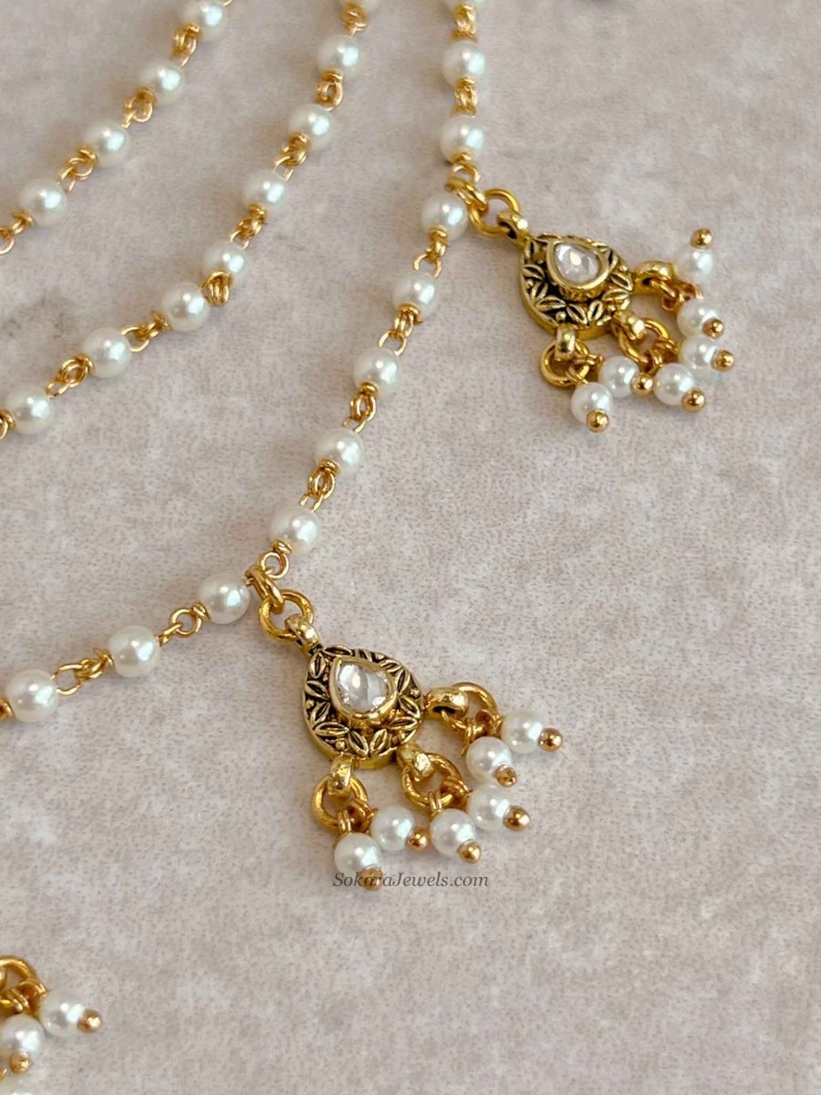 3 Strand Pearl & Kundan Gem Earring chains - SOKORA JEWELS3 Strand Pearl & Kundan Gem Earring chainsEARRINGS