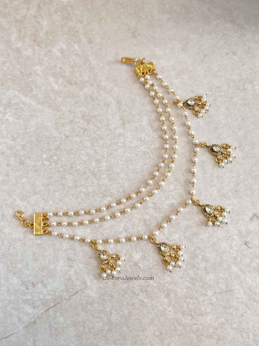 3 Strand Pearl & Kundan Gem Earring chains - SOKORA JEWELS3 Strand Pearl & Kundan Gem Earring chainsEARRINGS