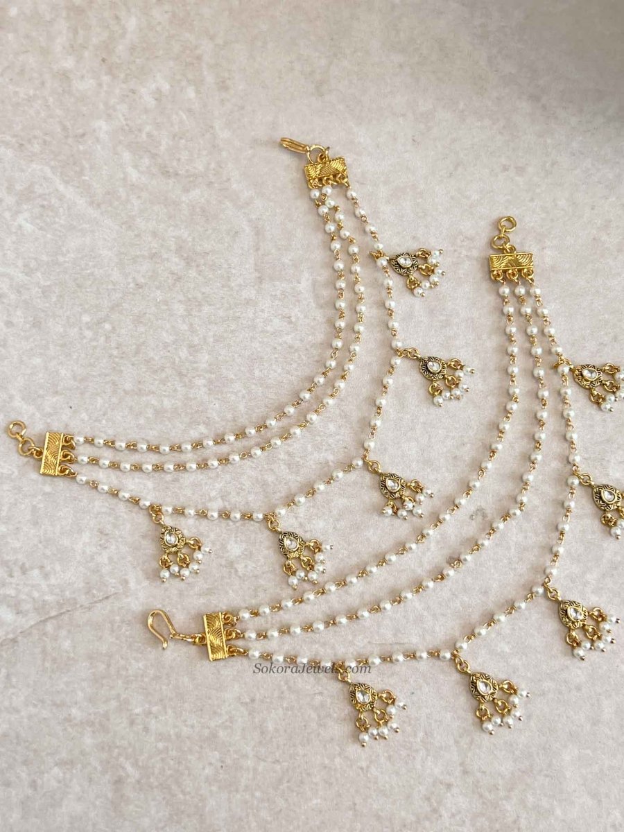 3 Strand Pearl & Kundan Gem Earring chains - SOKORA JEWELS3 Strand Pearl & Kundan Gem Earring chainsEARRINGS