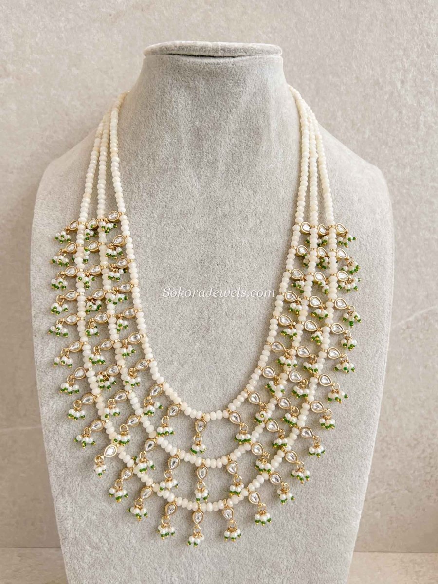 3 Strand Pearl Kundan Long Necklace - SOKORA JEWELS3 Strand Pearl Kundan Long Necklace