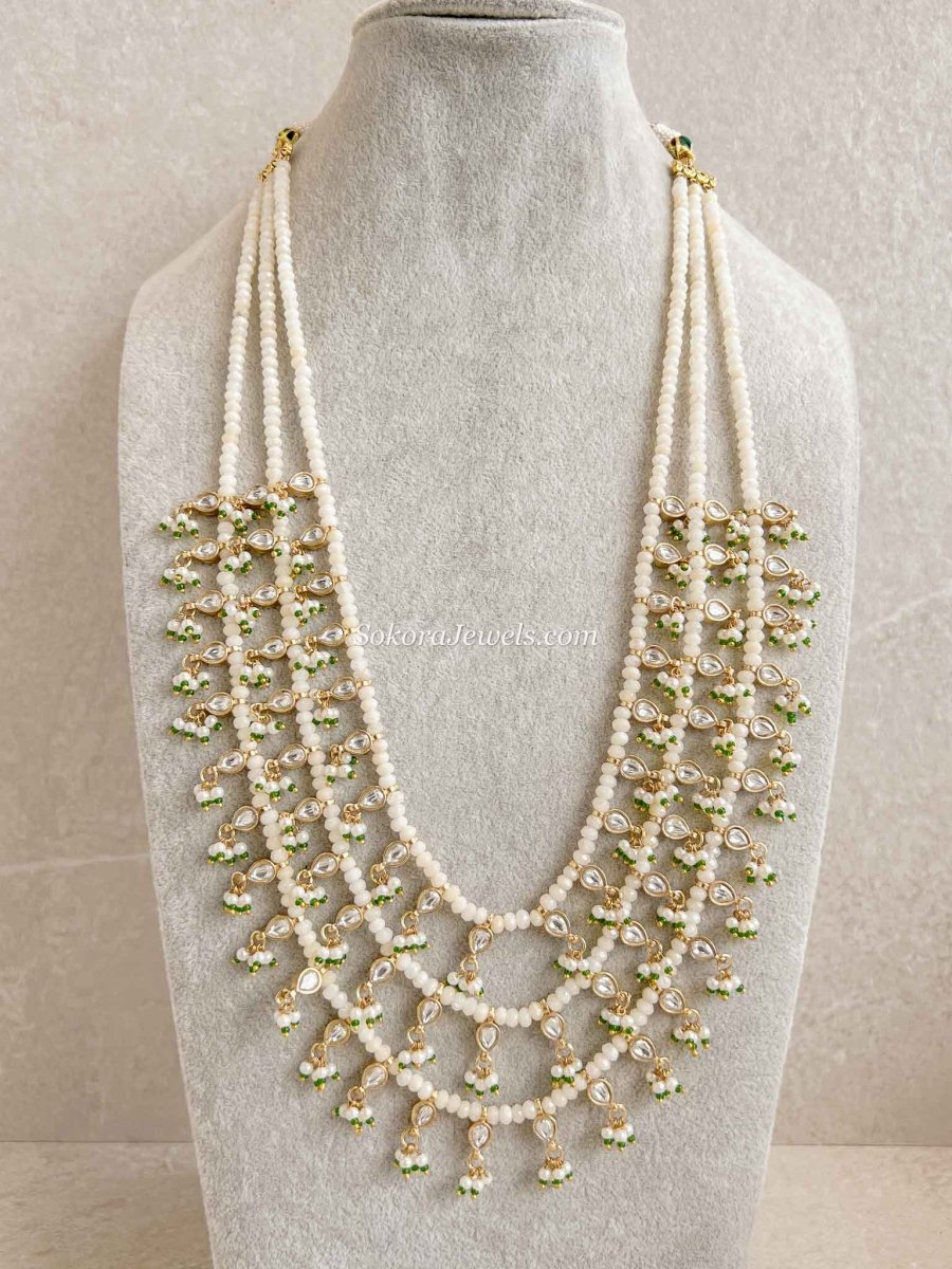 3 Strand Pearl Kundan Long Necklace - SOKORA JEWELS3 Strand Pearl Kundan Long Necklace