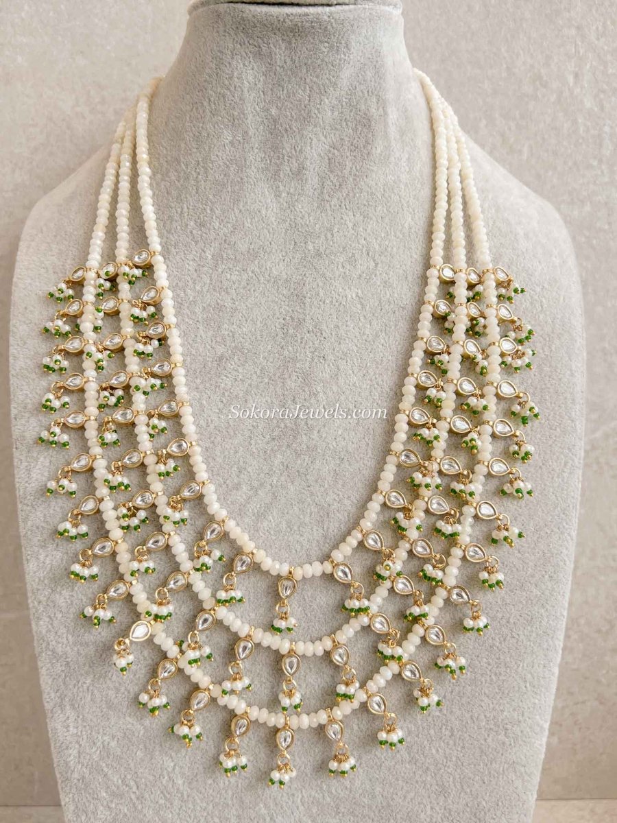 3 Strand Pearl Kundan Long Necklace - SOKORA JEWELS3 Strand Pearl Kundan Long Necklace