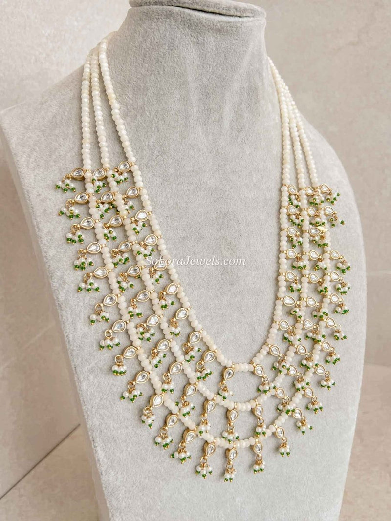3 Strand Pearl Kundan Long Necklace - SOKORA JEWELS3 Strand Pearl Kundan Long Necklace
