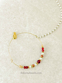 Large Red & Pearl Beaded Bridal Nose Ring (Nath) with Chain