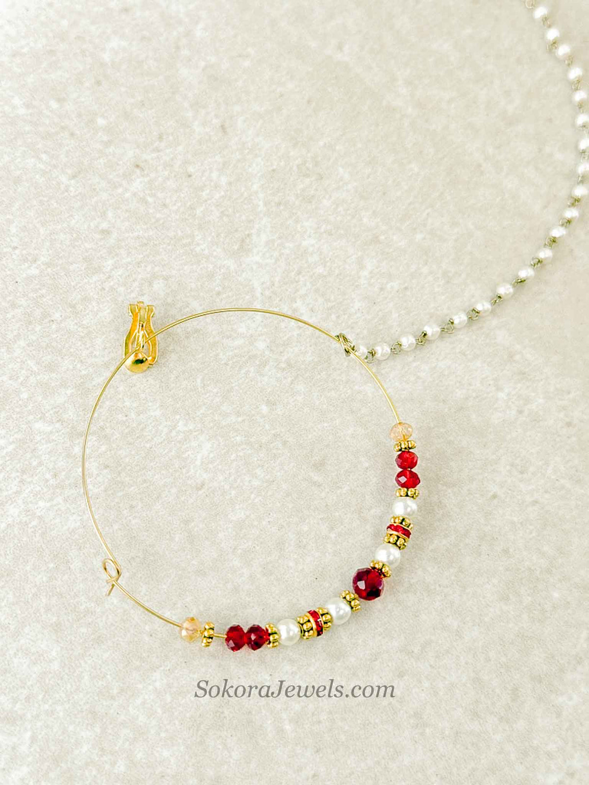 Large Red & Pearl Beaded Bridal Nose Ring (Nath) with Chain