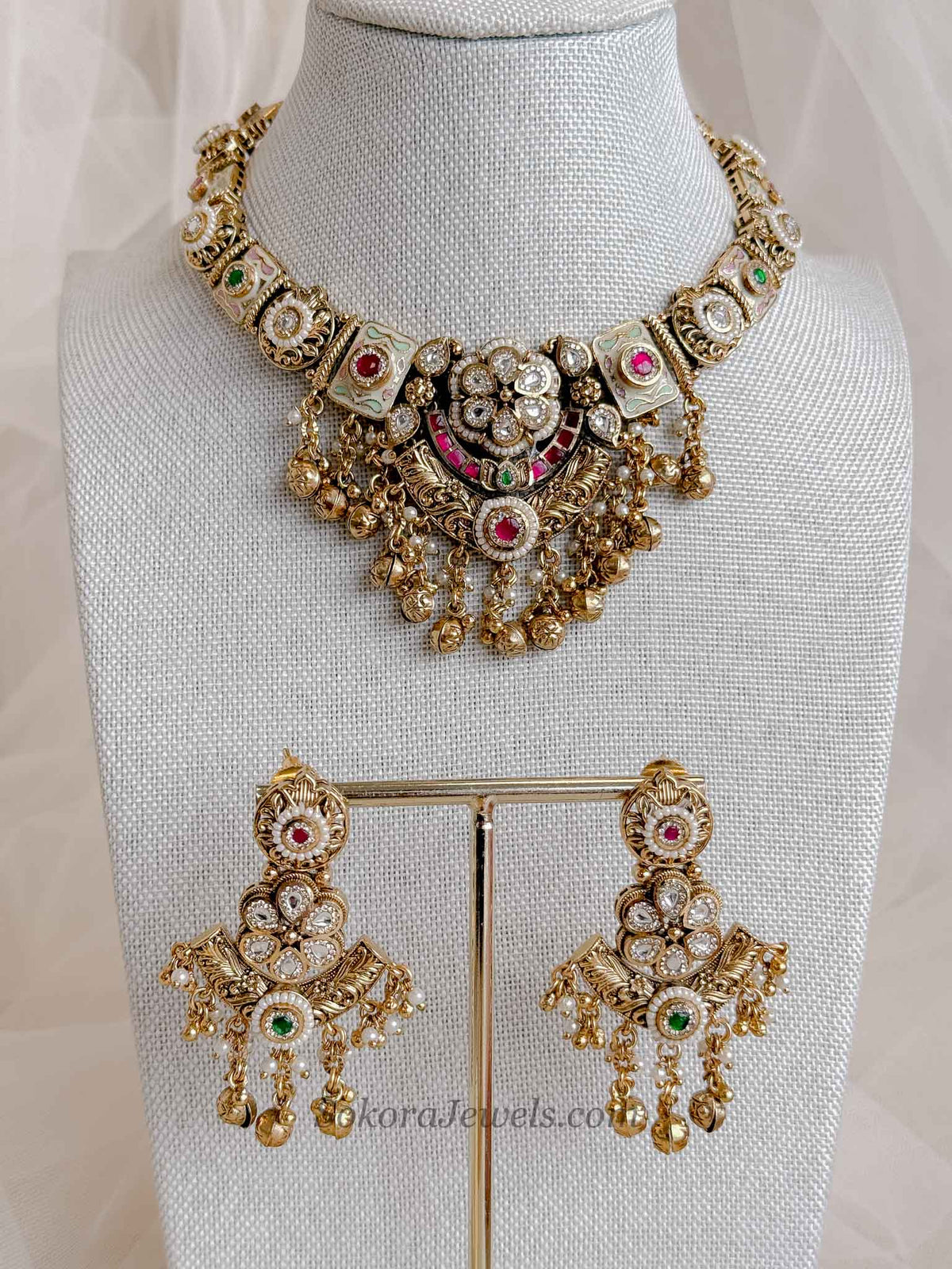 Heritage Gold Plated Meenakari Necklace Set – Ruby, Emerald & Kundan