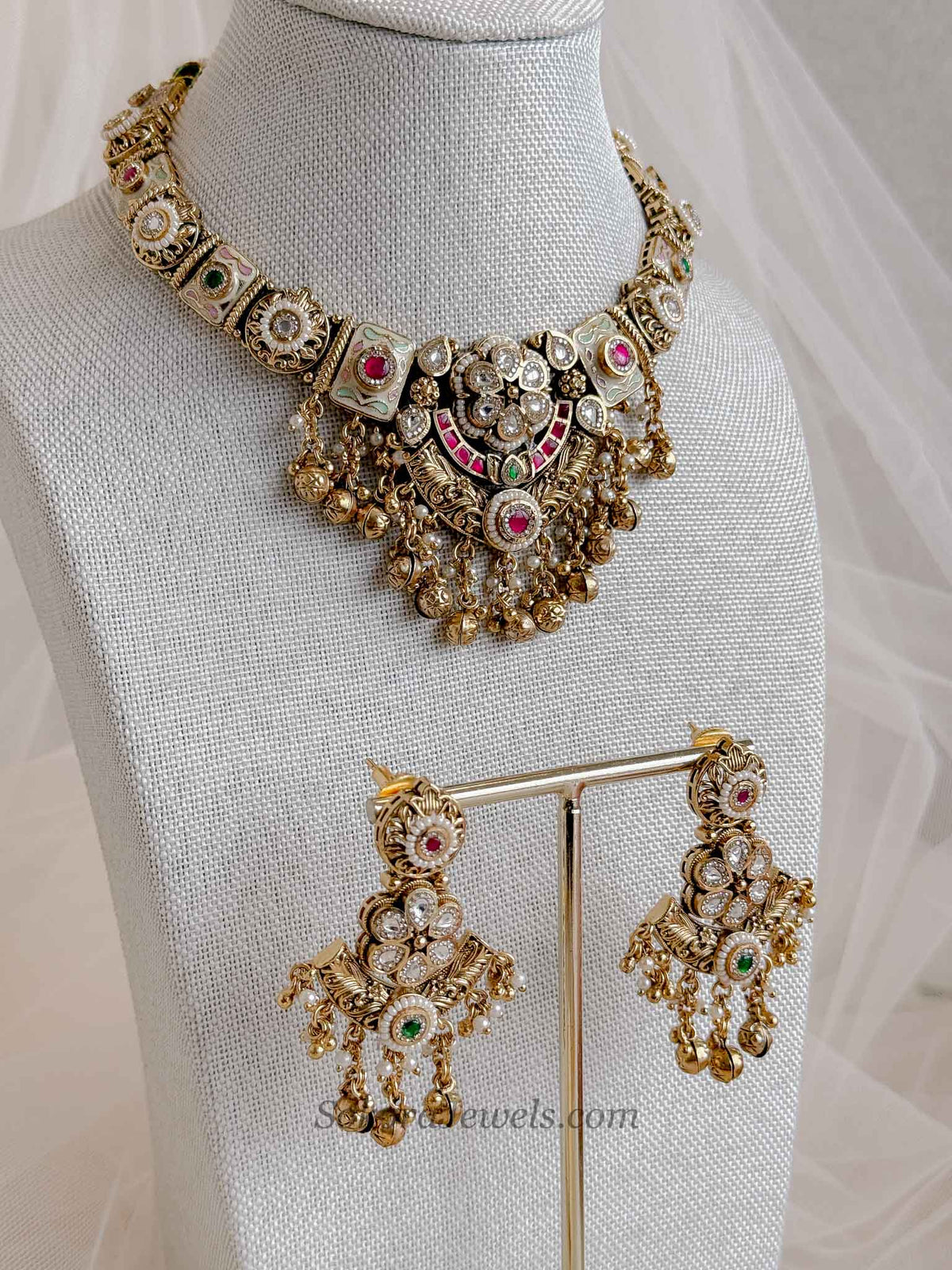 Heritage Gold Plated Meenakari Necklace Set – Ruby, Emerald & Kundan