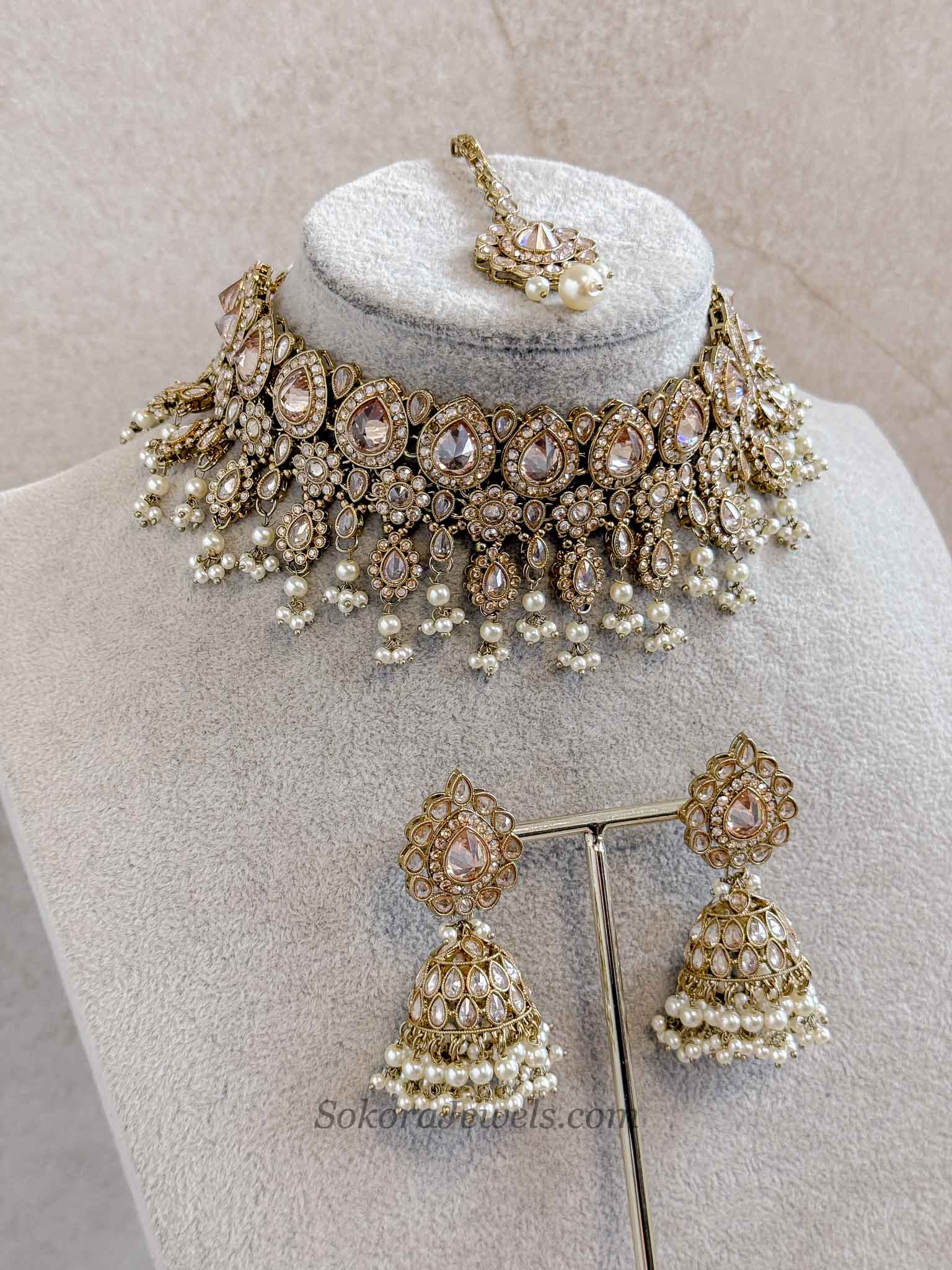 Mehnaaz Pearl Drop Choker Set - Champagne