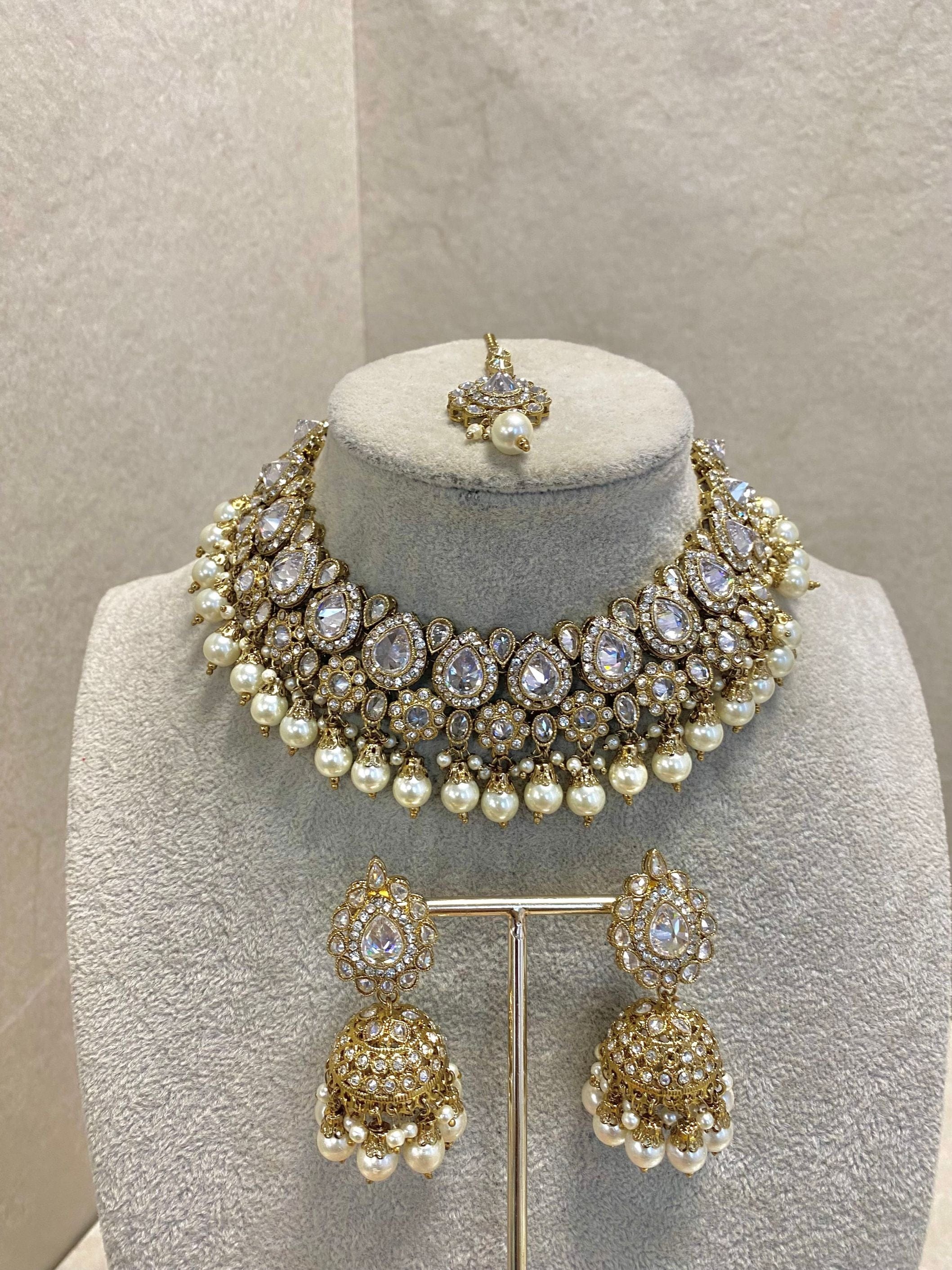 SLIGHTLY IMPERFECT: Antique Gold Necklace Set - Clear