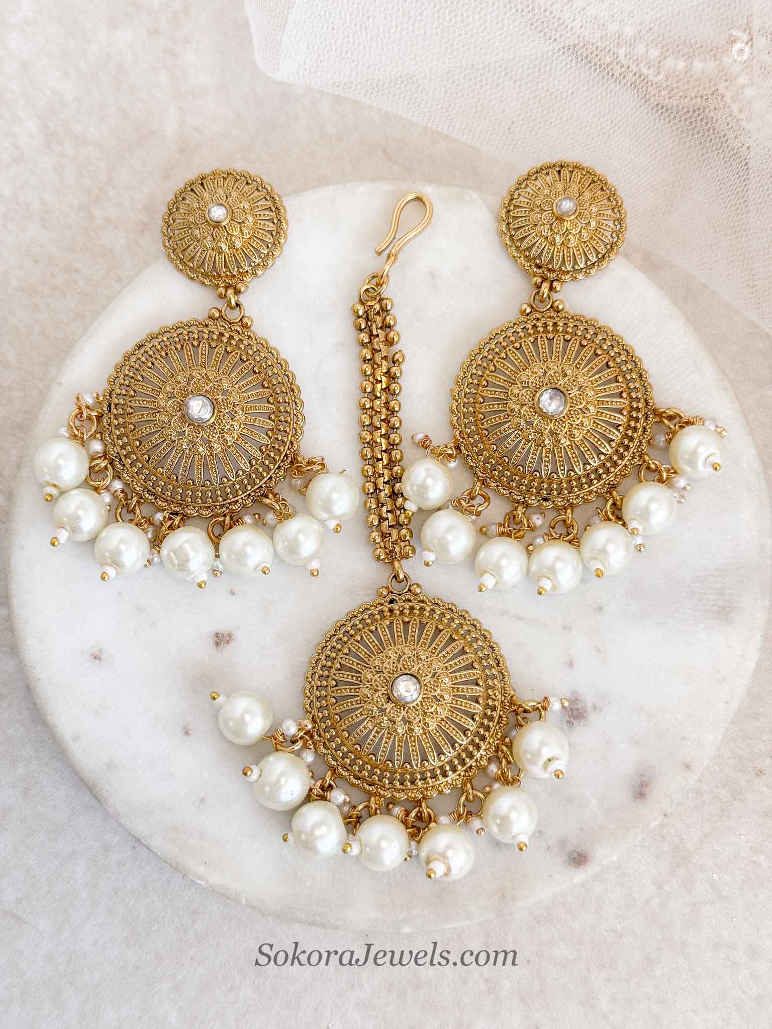 Mandala Gold Pearl Earrings with Tikka Set