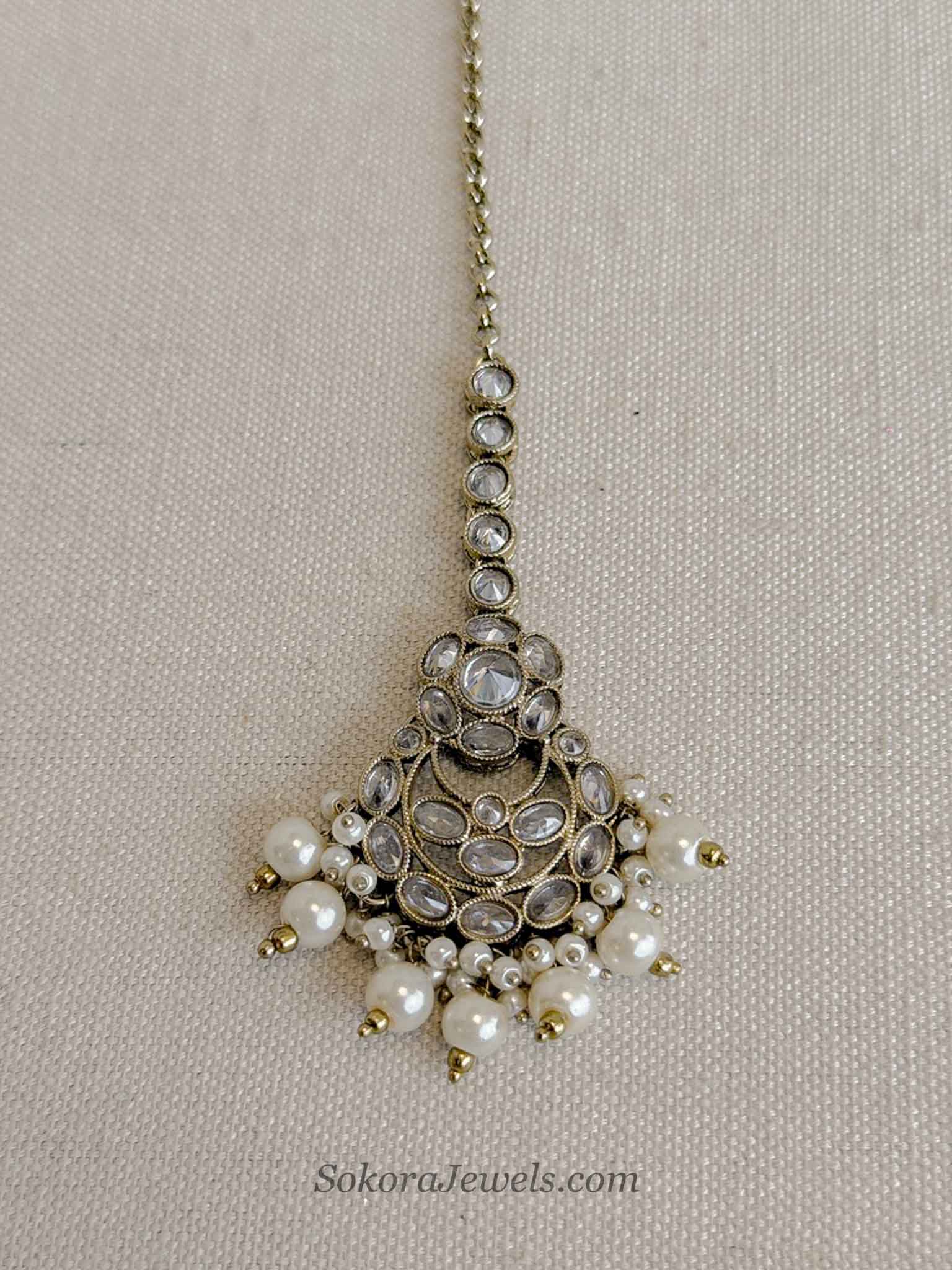 Antique Gold Crystal & Pearl Drop Maang Tikka