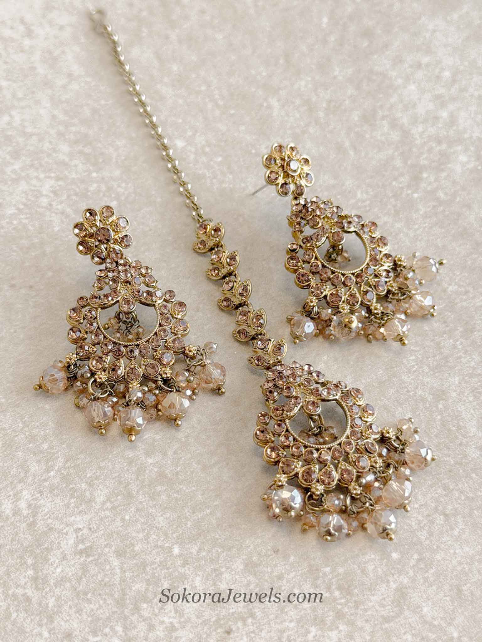 Noreen Golden Beaded Earrings & Tikka Set