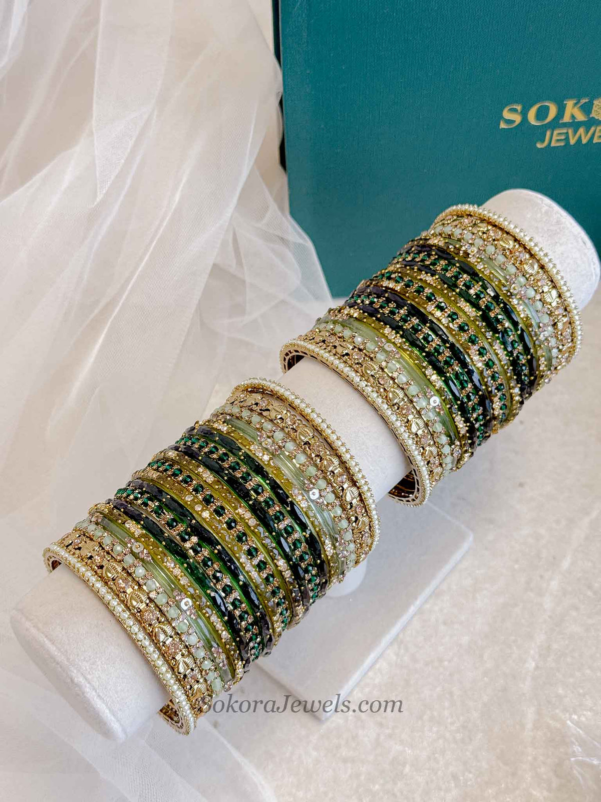 Bridal Green Glass Bangles Set - 2.8