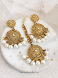 Mandala Gold Pearl Earrings with Tikka Set