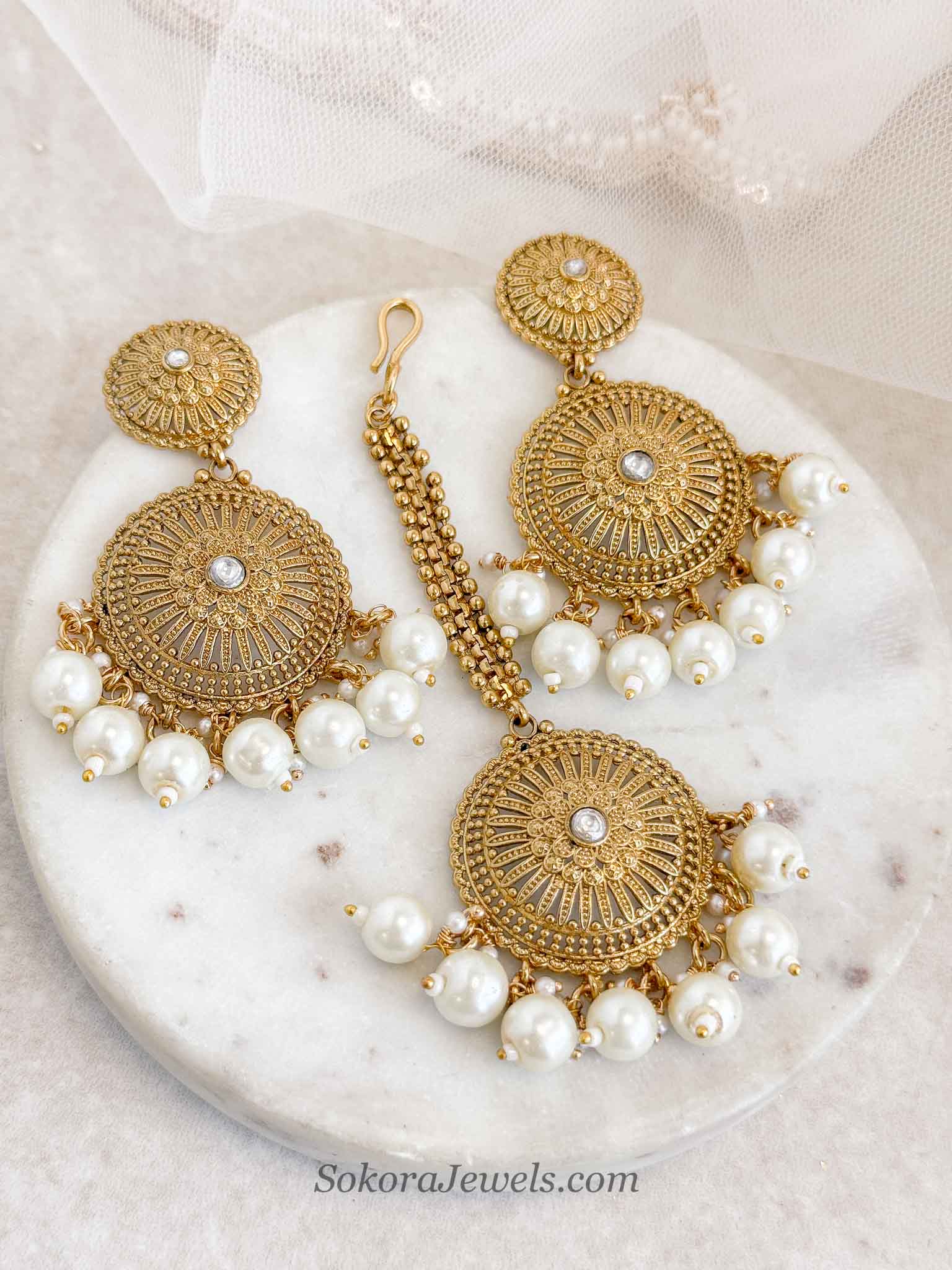 Mandala Gold Pearl Earrings with Tikka Set