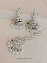 Silver & Pearl Jhumka Earrings with Tikka Set