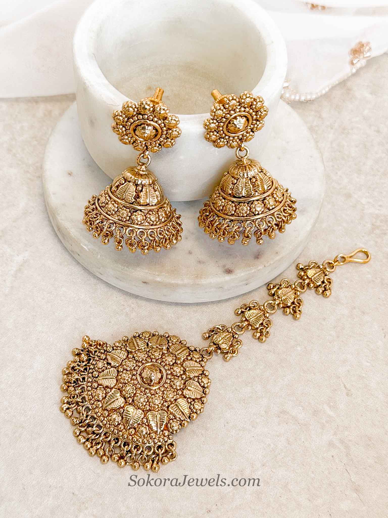 Heritage Gold Jhumka Earrings & Statement Tikka Set