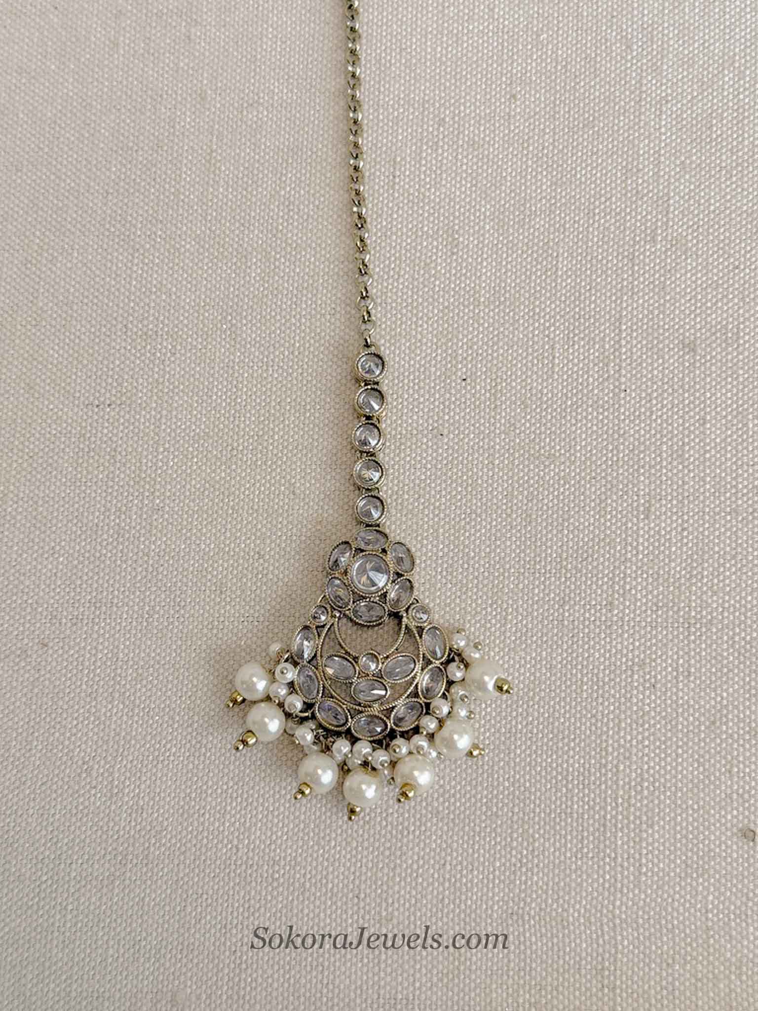 Antique Gold Crystal & Pearl Drop Maang Tikka