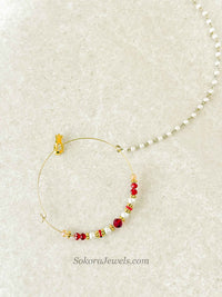 Large Red & Pearl Beaded Bridal Nose Ring (Nath) with Chain