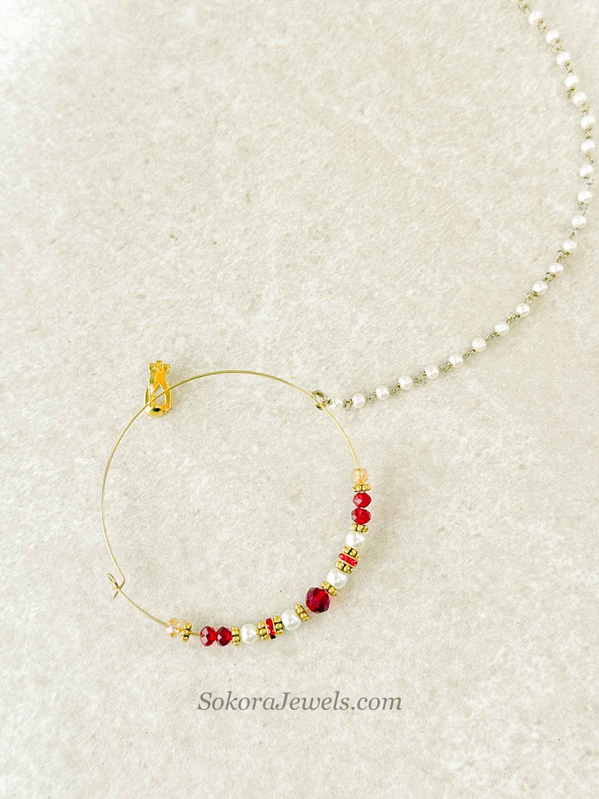Large Red & Pearl Beaded Bridal Nose Ring (Nath) with Chain