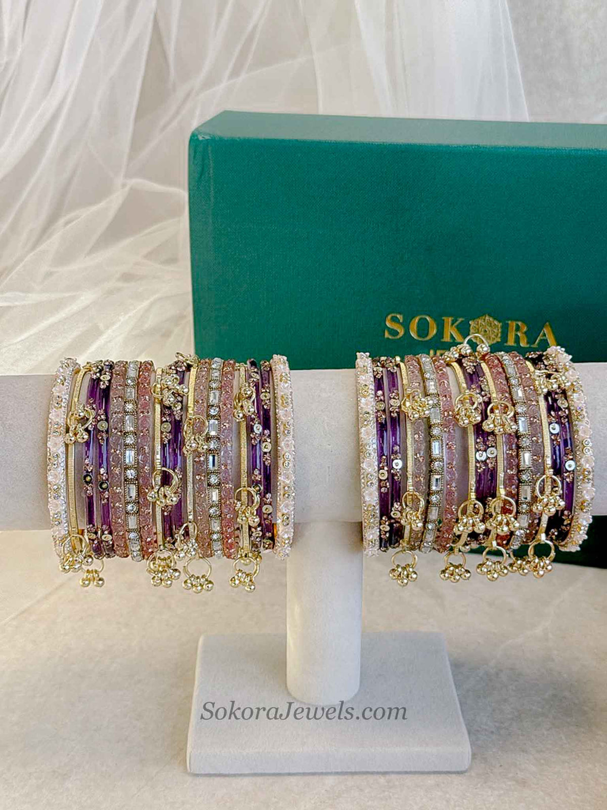 Bridal Pink & Purple Glass Bangles Set - 2.6