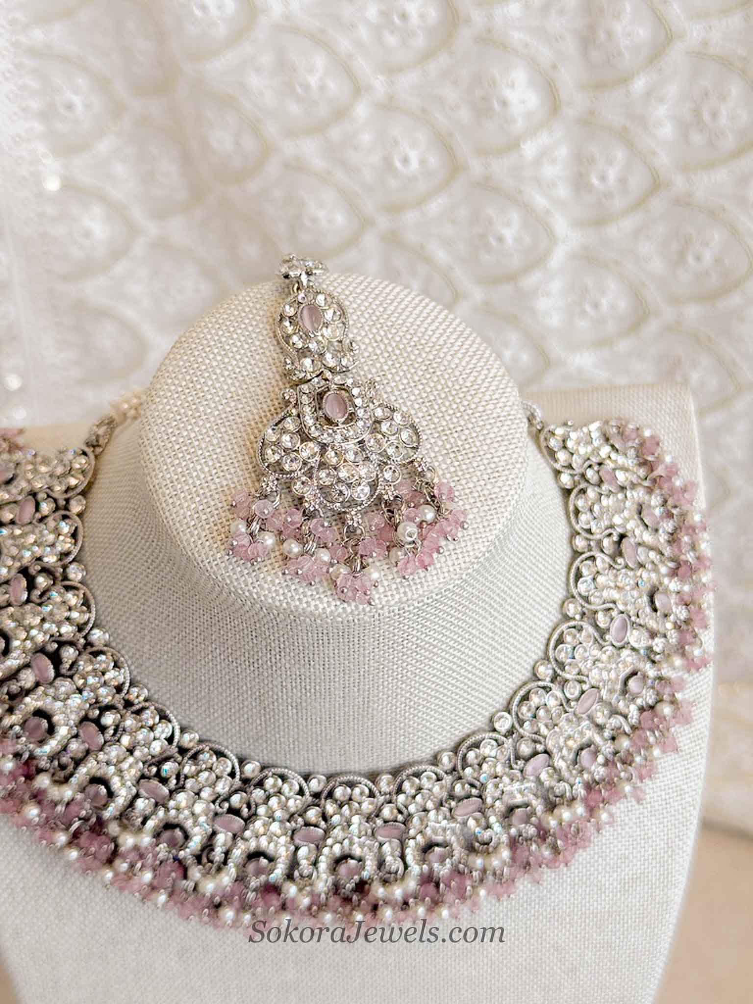 Sofia Silver Necklace Set - Pink