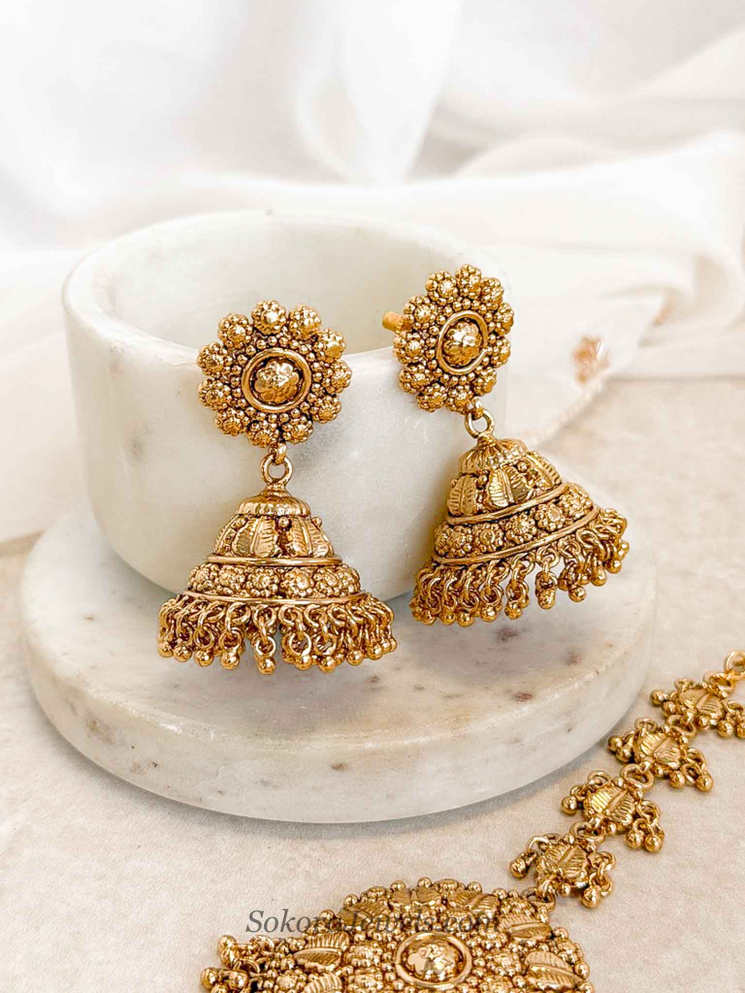 Heritage Gold Jhumka Earrings & Statement Tikka Set