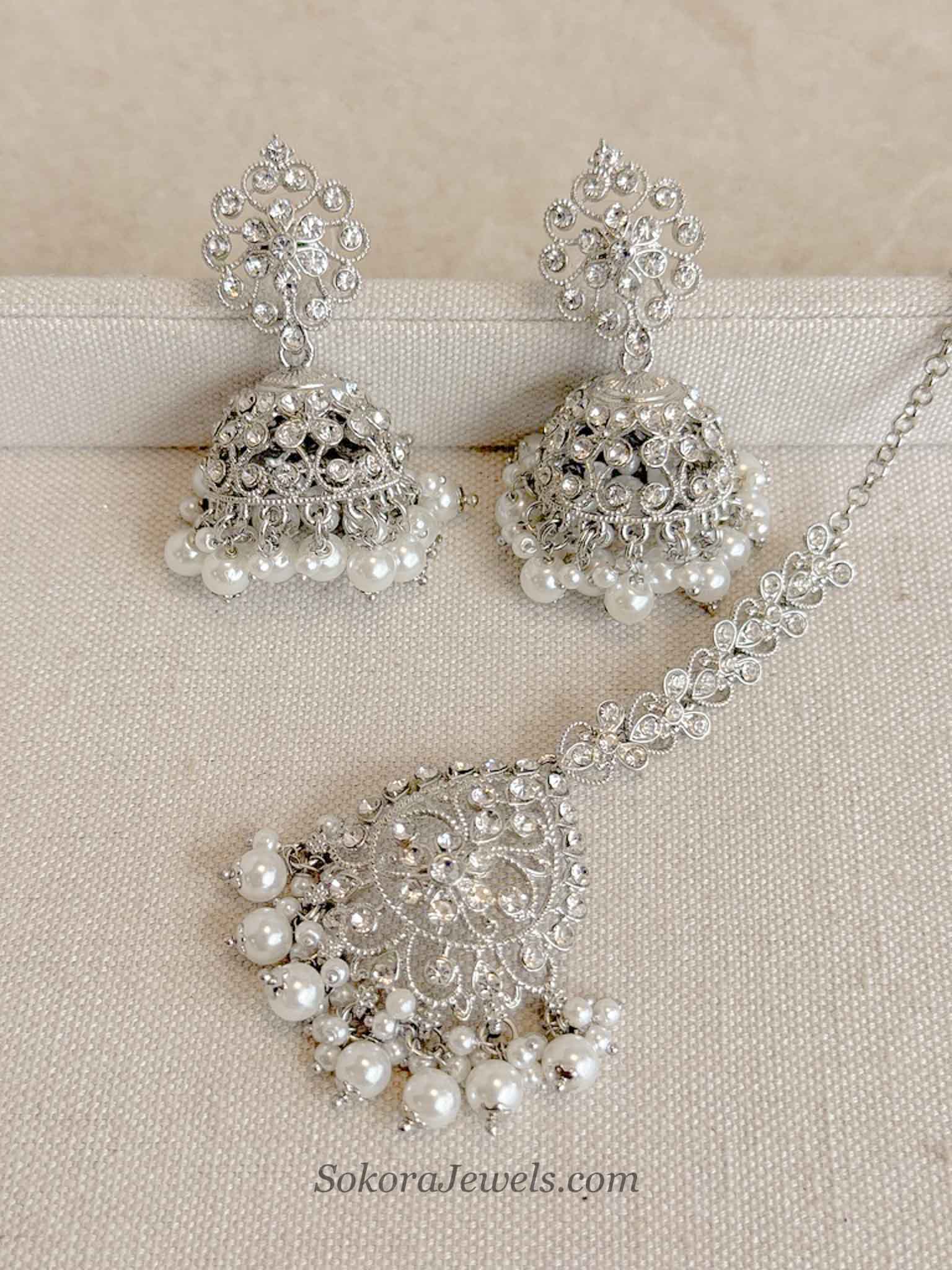 Silver & Pearl Jhumka Earrings with Tikka Set
