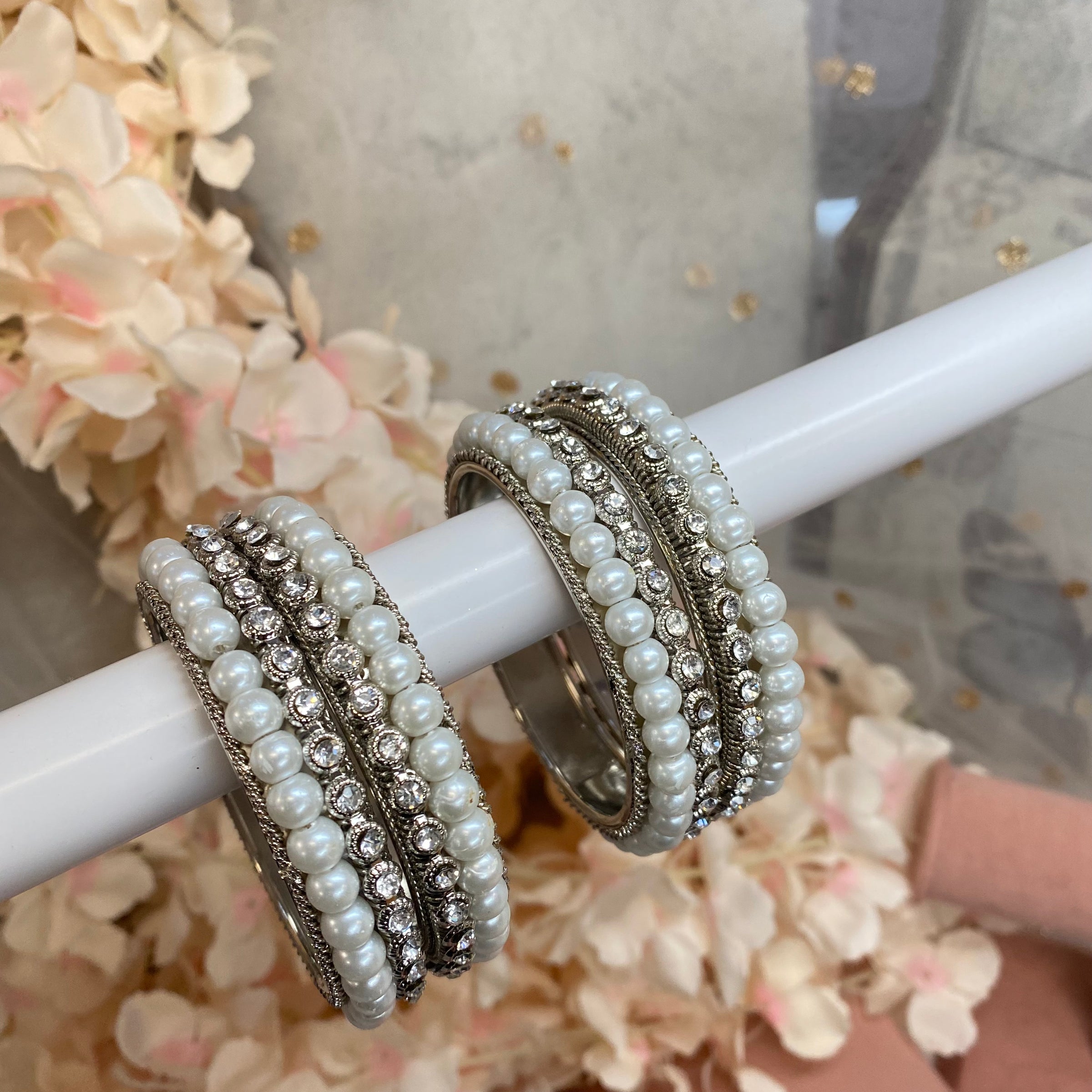Thick Pearl and Silver Stone End bangles