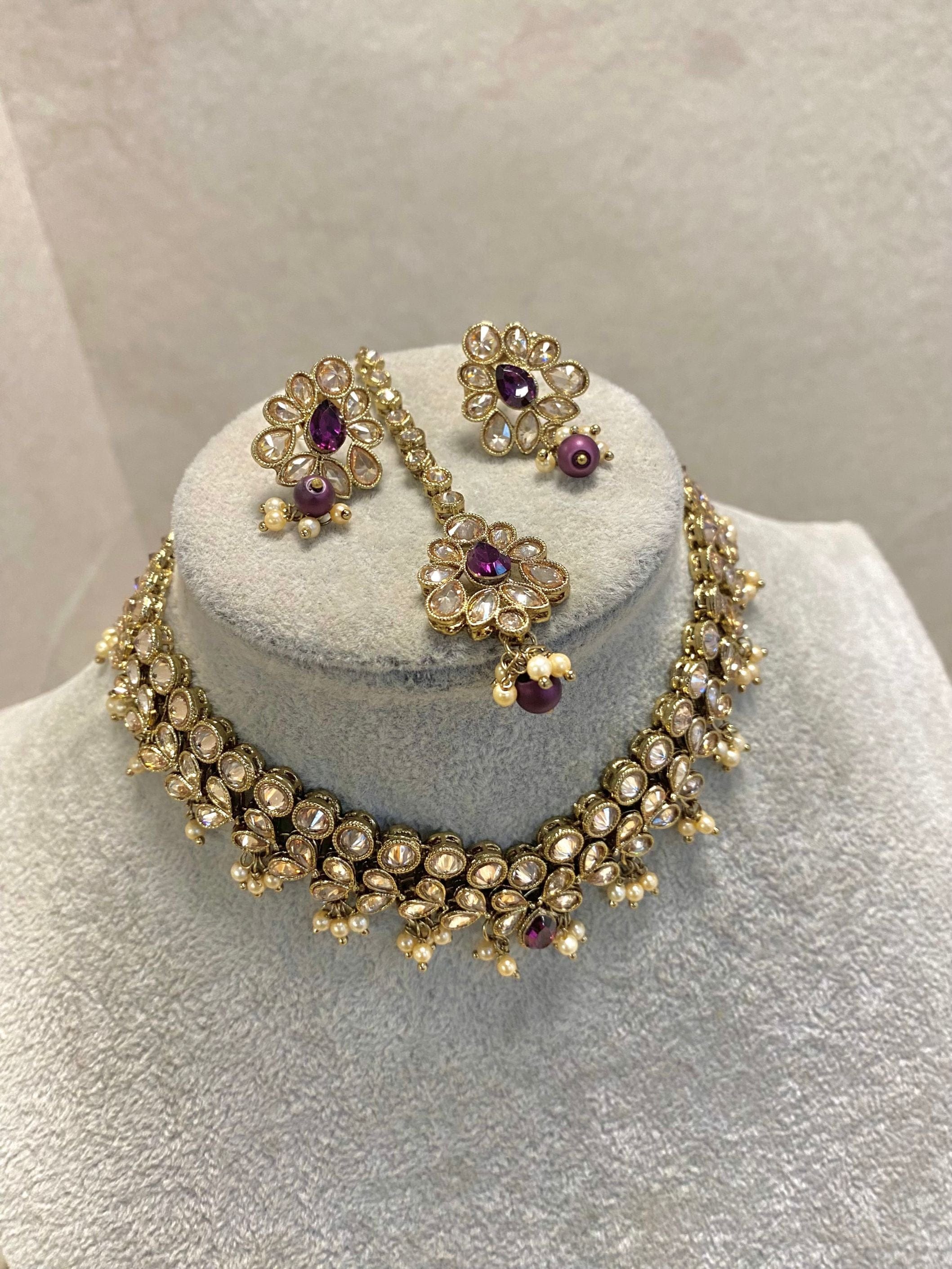 SLIGHTLY IMPERFECT: Antique Gold Necklace Set - Purple